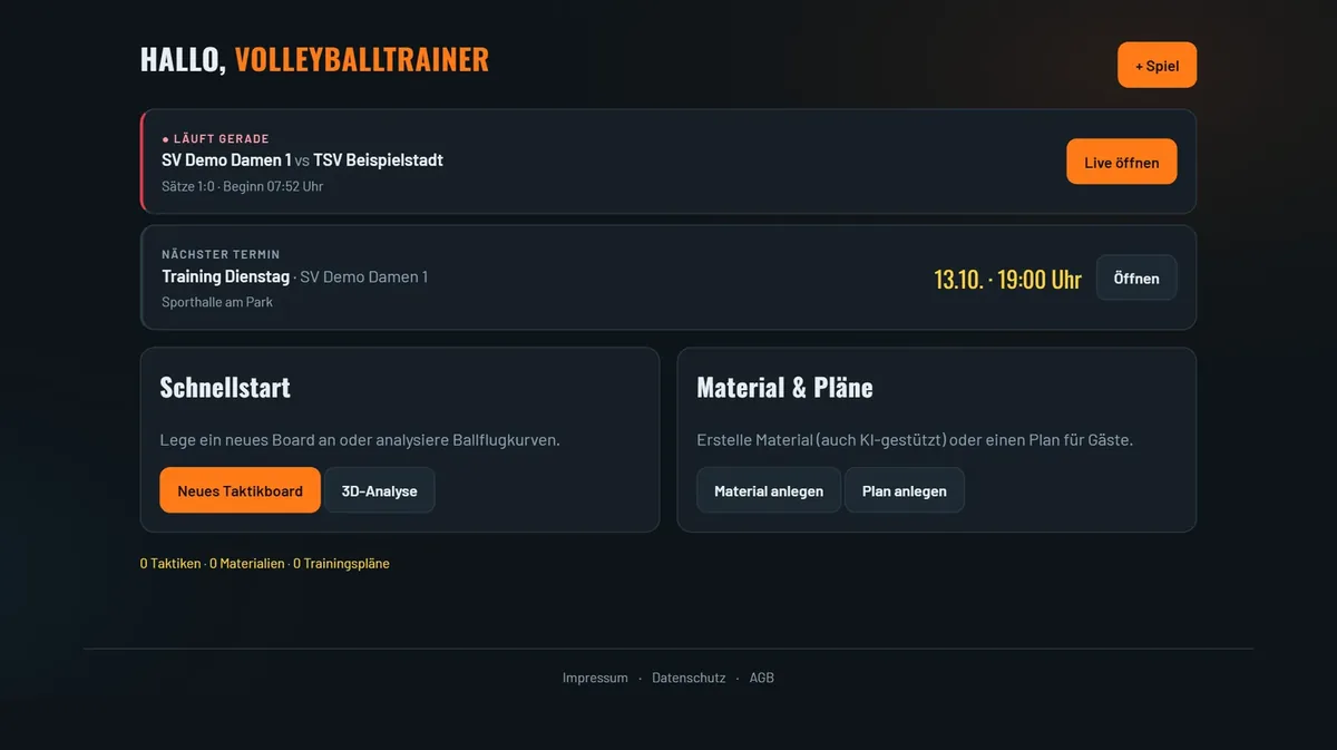 Dashboard des Volleyball Trainers mit laufendem Spiel, nächstem Trainingstermin und Schnellstart