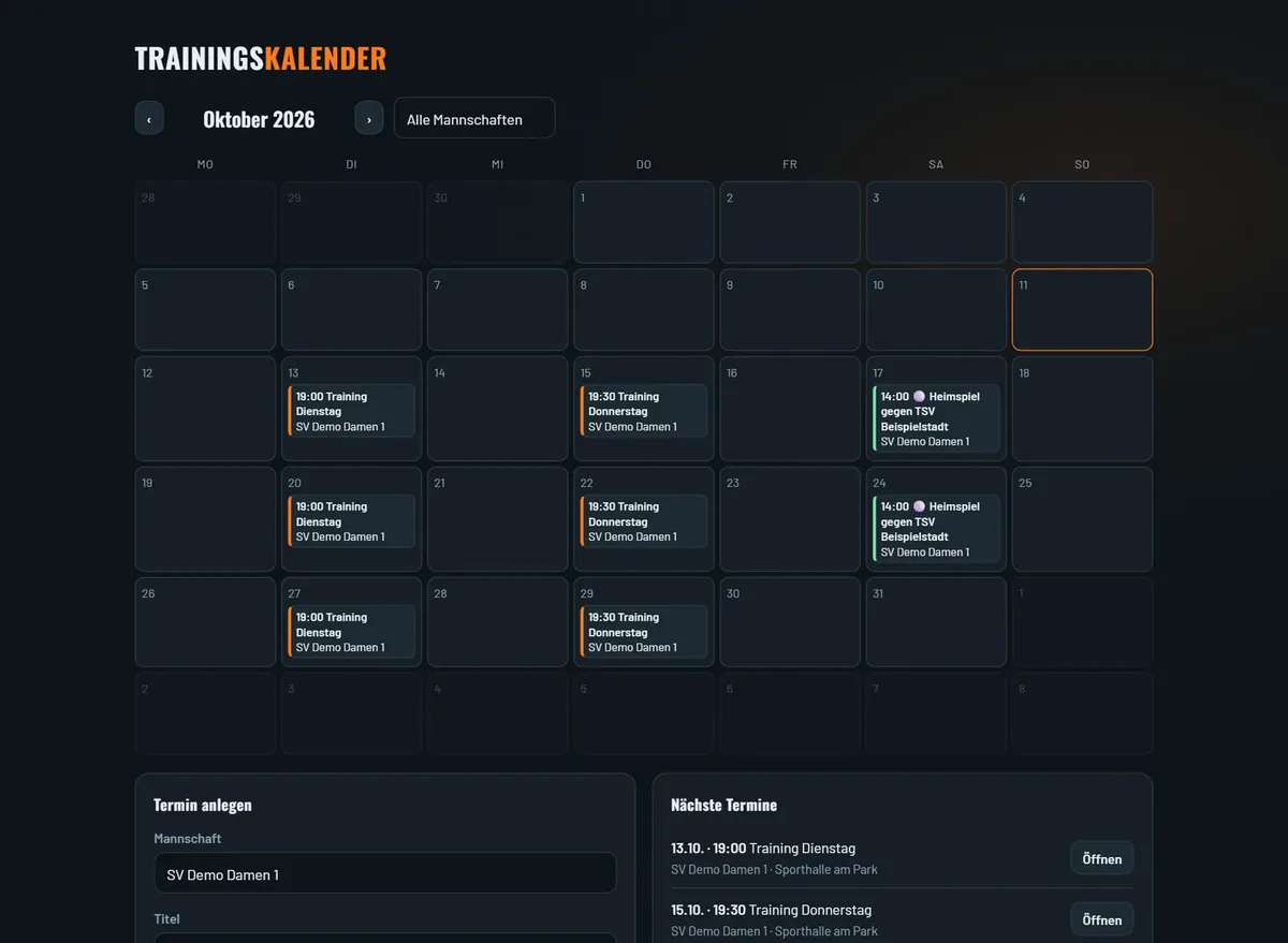 Trainingskalender mit Trainingseinheiten und einem Heimspiel im Oktober