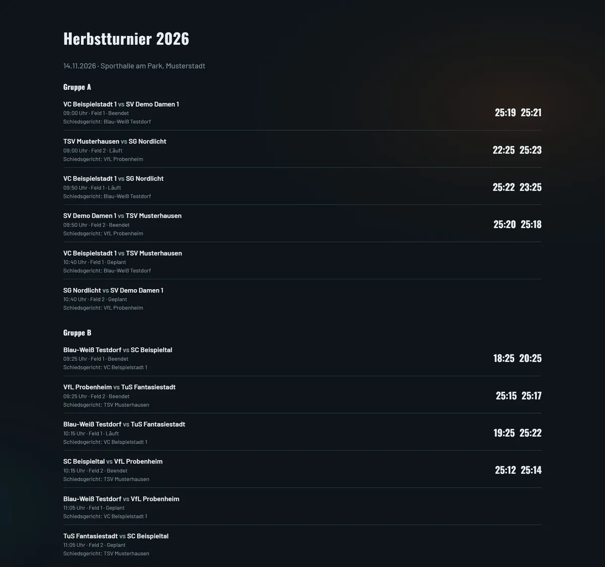 Öffentliche Turnier-Live-Ansicht mit Gruppenspielen und Ergebnissen