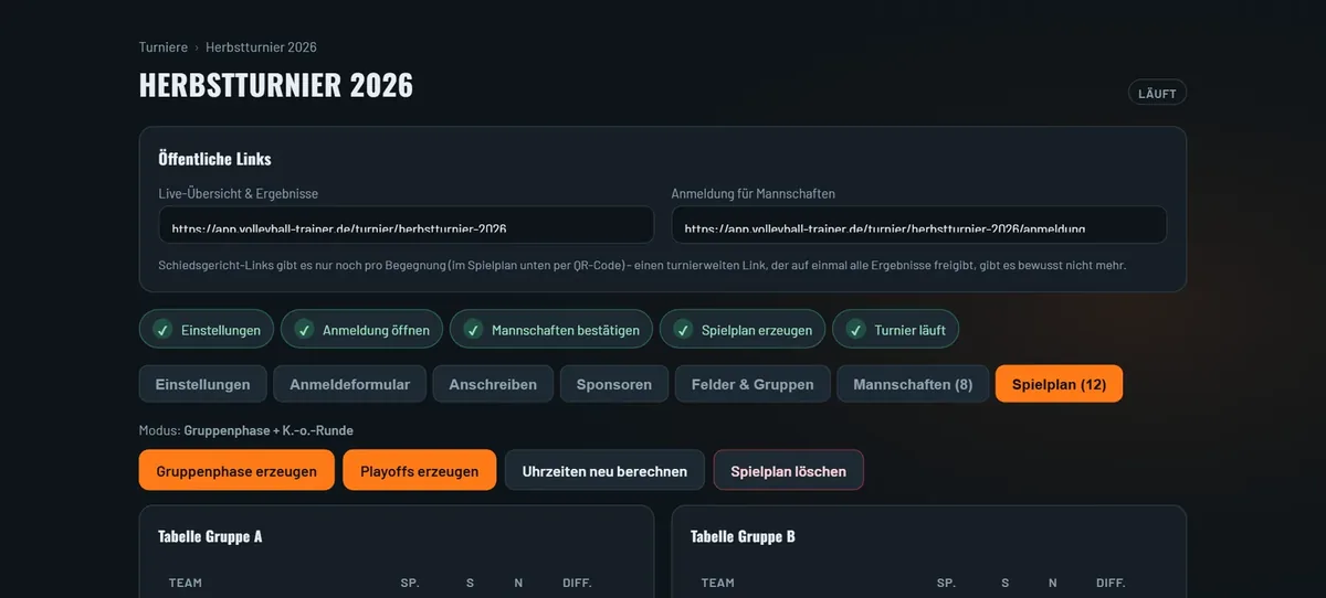 Turnierverwaltung mit öffentlichen Links für Live-Übersicht und Anmeldung